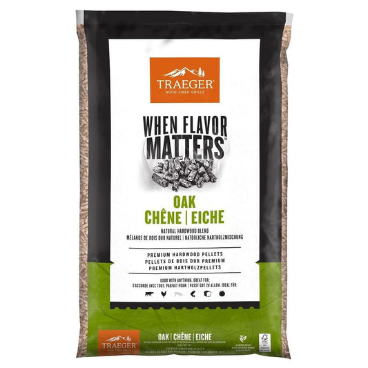 Traeger Oak Pellets 9 kg – mild og nøtteaktig grillsmak for fisk, fjærkre og grønnsaker - Hilles.no